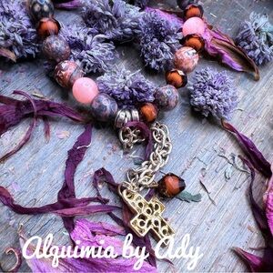 Ocean jasper gold cross charm beaded bracelet